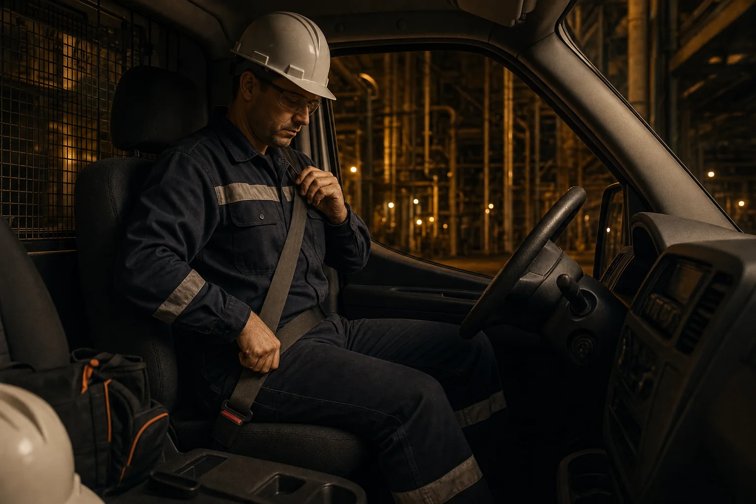 Водитель в неподвижном служебном автомобиле застёгивает ремень безопасности