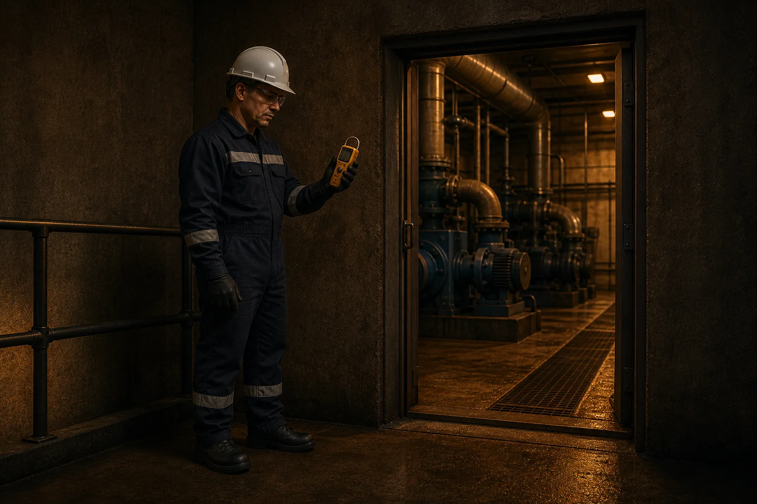 Работник проверяет воздух переносным газоанализатором до входа в насосное помещение